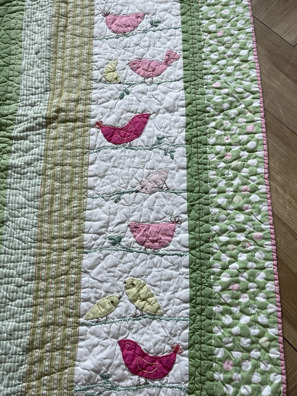 Pottery Barn Kids Tweet Bird Baby Quilt Pink Green 33" x 48" - Picture 2 of 12